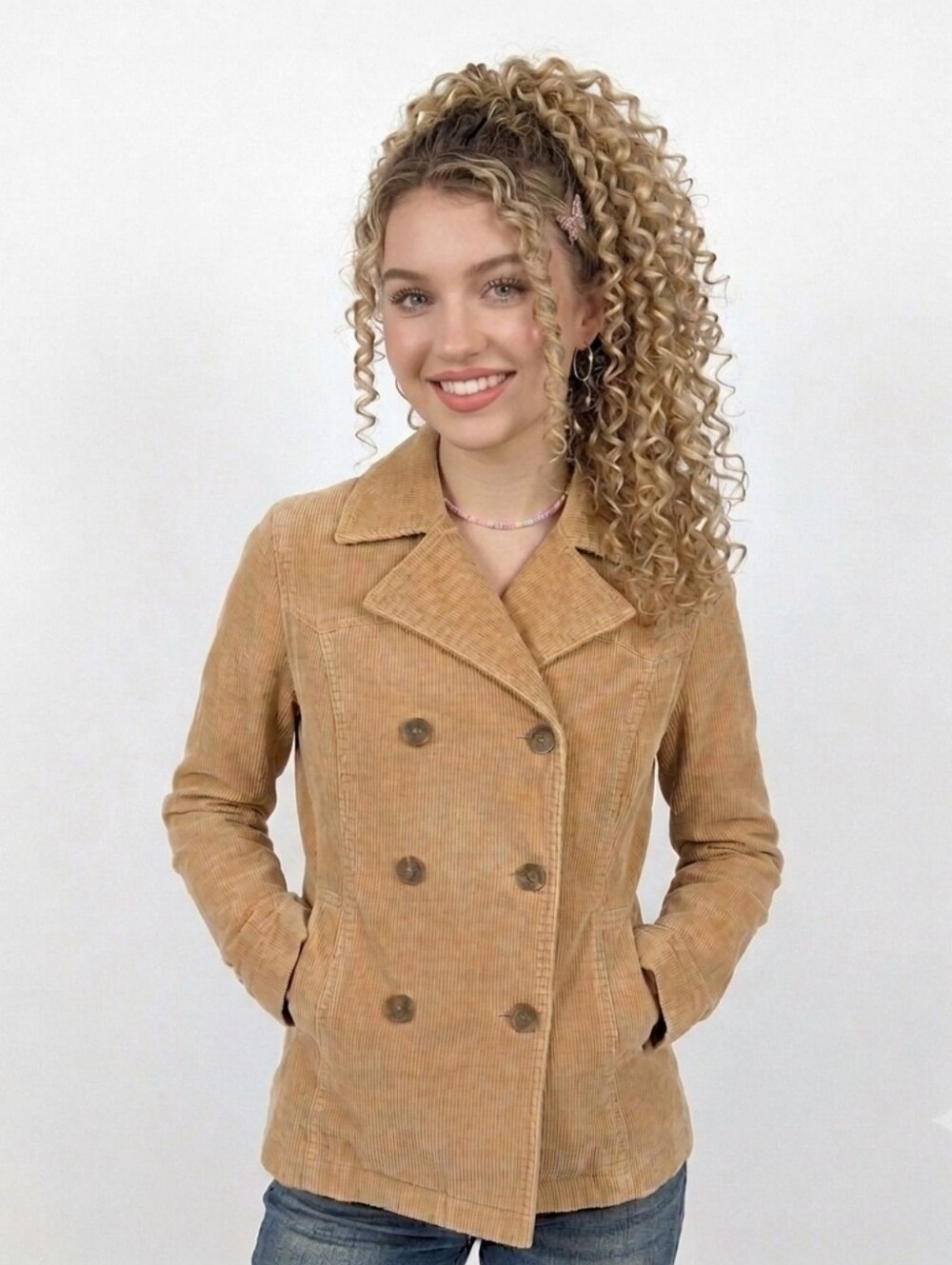 Heart Moon Star Vintage Y2K Camel Corduroy Double Breasted Jacket - Medium